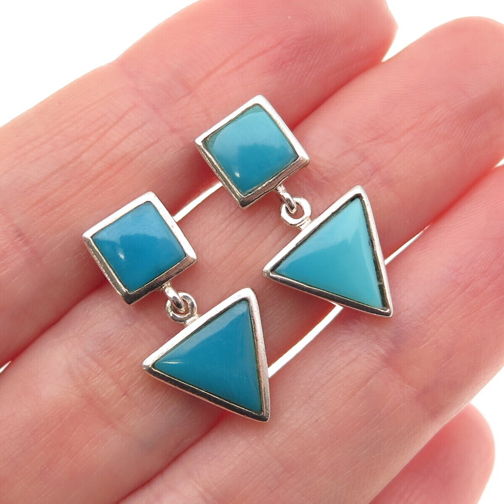 Quoc Turquoise 925 Sterling Silver Vintage Modernist Dangle Earrings